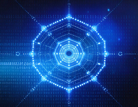 Abstract Blue Digital Octagon Network with Binary Code Background.