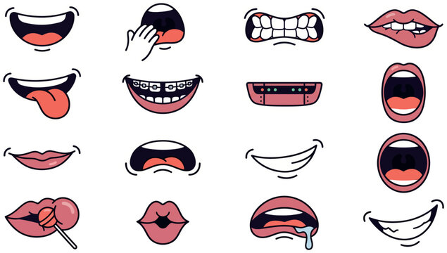 Cartoon mouth expressions set, 16 vector character lip icons with various emotions and facial gestures. Flat style mouth collection featuring smiles, teeth with braces, and tongue out.