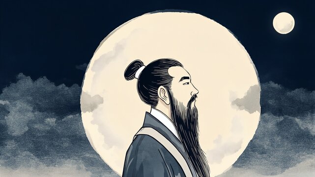 Ancient Chinese Man Gazing At Moon Night