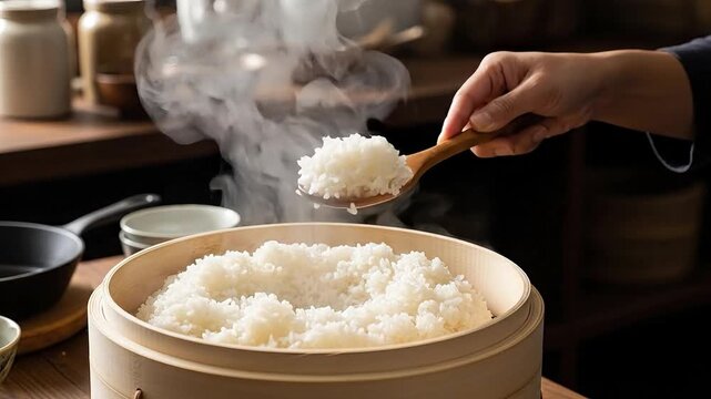 Steaming rice in a bamboo steamer with savory steam rising.