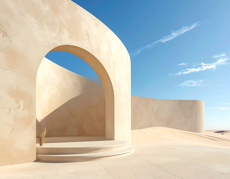 Minimalist Desert Architecture with Archway and Blue Sky.