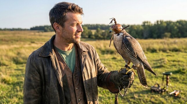 Man holding falcon while standing in field during sunset  