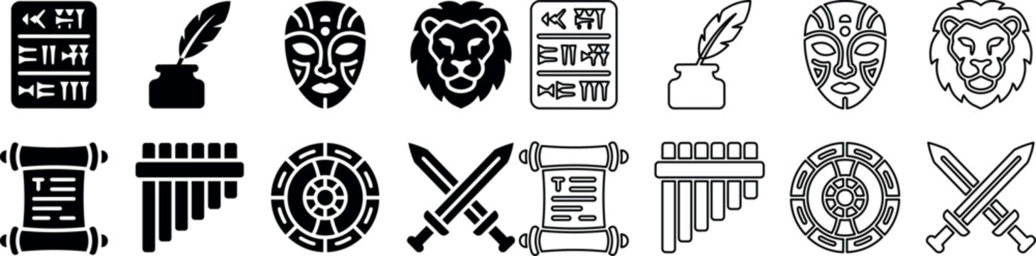 Ancient culture themed icons with cuneiform tablet, ink bottle with feather, tribal mask, lion head, scroll, pan flute, shield, and crossed swords
