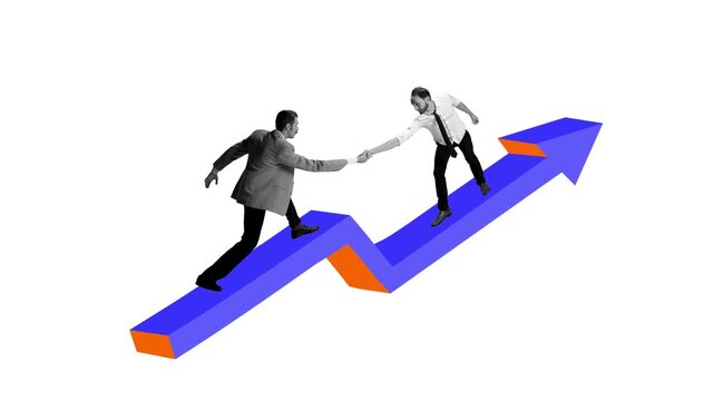 Business partners helping each other overcome setback on rising arrow in stop motion. Concept of business recovery, team support, growth strategy and creative promo visuals.