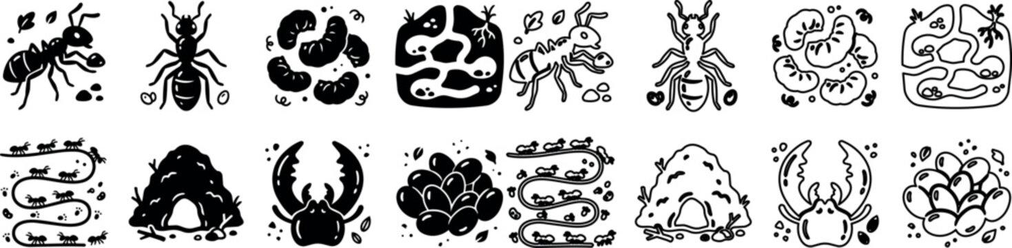 Black and white icons of ants, ant larvae, ant eggs, and anthills in various styles