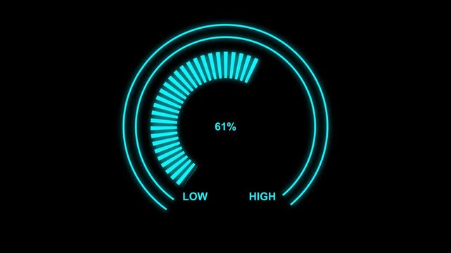 Digital gauge meter animation moves from low overload to safe high levels. dashboard and car fuel gauge quickly drops from empty to full.