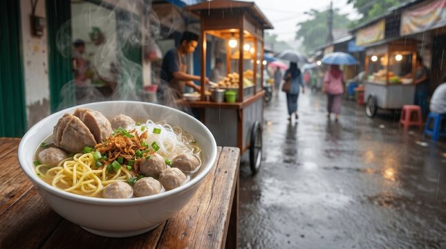 A generous bowl of traditional Indonesian bakso featuring large beef meatballs, yellow egg noodles, glass noodles, sliced green onions, and crispy fried shallots in clear aromatic broth