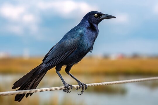 Perched on a wire, a male great-tailed grackle against a clear Texas sky