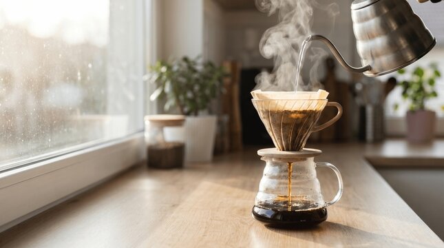 A close-up action shot of hot water being carefully poured from a matte silver gooseneck kettle into a ceramic V60 dripper with a paper filter over a glass coffee carafe
