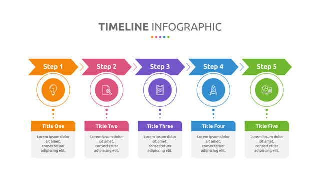 Timeline infographic presentation template with 5 steps or options. Five phase process infographic. Timeline with 5 arrow steps, five number options. Vector.