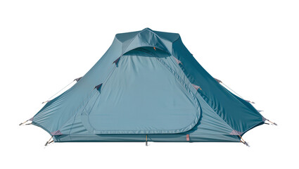 Teal camping tent with aerodynamic shape and multiple guy lines © Gabriela