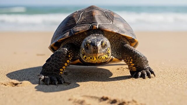 A close-up of a turtle crawling on a sandy beach with the ocean in the background.