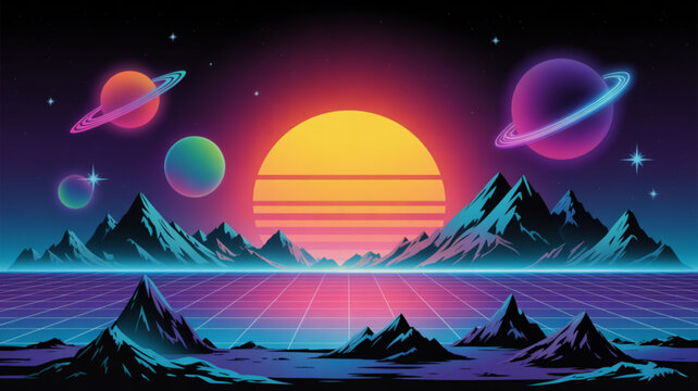 Retro synthwave landscape with neon planets and mountains vibrant 80s vaporwave aesthetic for digital art and backgrounds
