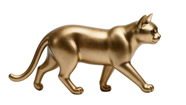 Golden cat sculpture walking metallic sheen, elegant pose