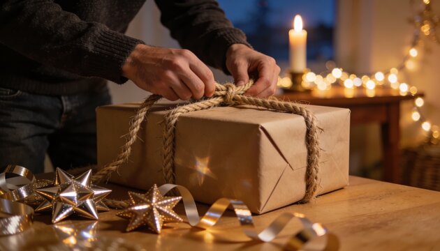 Man wrapping large gift box with rope and holiday lights nearby creating warm cozy gift prep scene