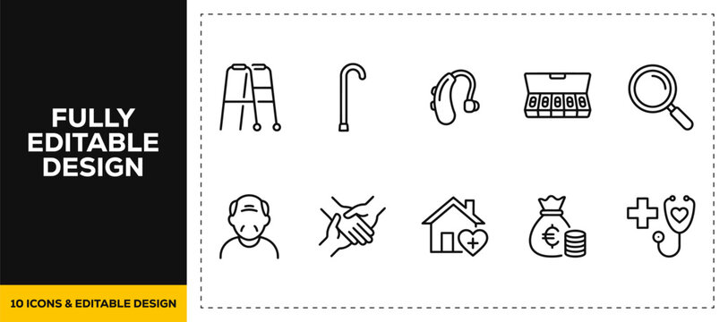 flat vector illustration line art icon bundle set design focusing on elderly care disability support nursing home walker cane wheelchair pension health social assistance