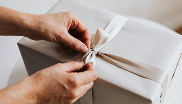 Man wrapping large gift box with rope threading under loop and tightening bow on white surface