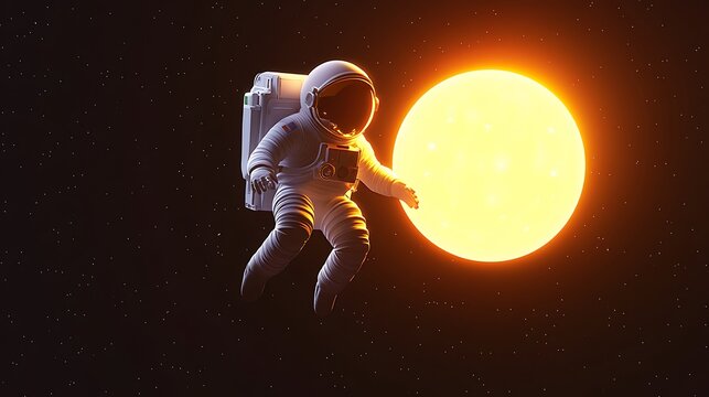 Astronaut floats near a glowing golden sun against the dark textured expanse of deep space.