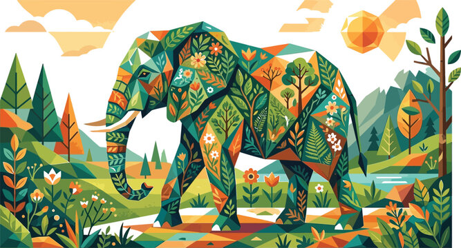 Colorful geometric elephant illustration with floral patterns in a serene natural landscape with trees, flowers, and a sunny sky