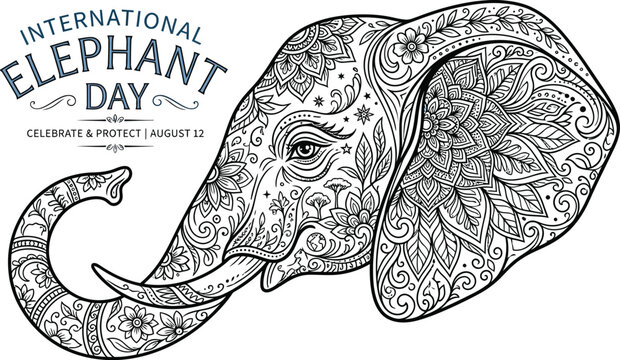 International Elephant Day illustration celebrates and protects elephants with intricate designs and patterns on August 12, promoting conservation and awareness through art and education.