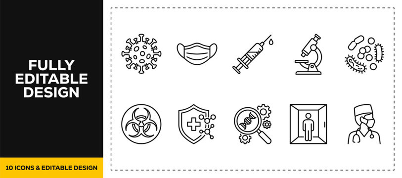 flat vector illustration line art icon bundle set design featuring bacteria mutation virus infection microbe biology disease laboratory science microscope cell health ui