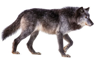 Gray wolf walking profile view on white © Gabriela