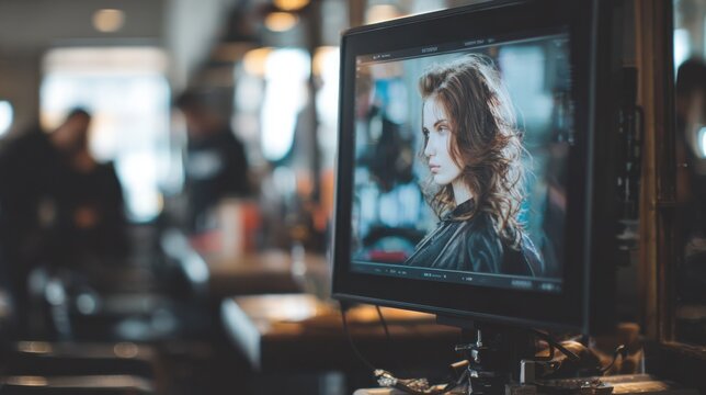 Smart mirror featuring a splitscreen of tutorial video and live hairstyle attempt digital graphics clear in focus while the salon environment remains softly blurred.
