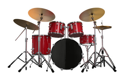 Red drum kit with cymbals and stands © Gabriela