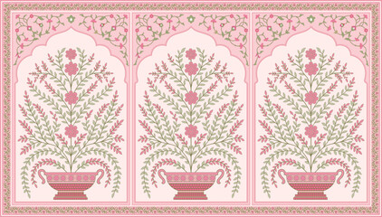 Traditional Mughal floral panel pattern with potted flower motifs for textile design. Mughal flower vase wallpaper with pink botanical border. © Design 35