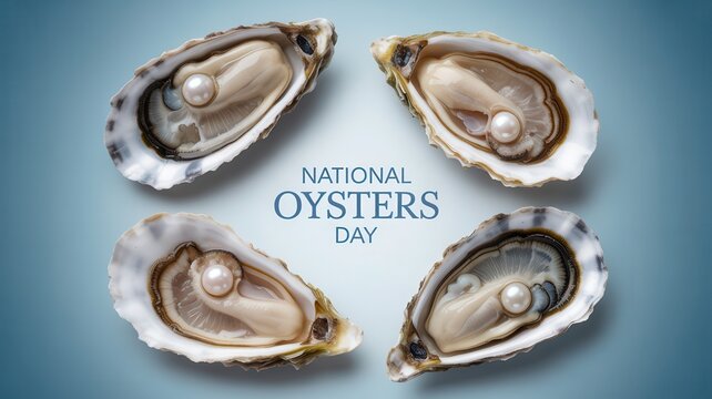Four open oyster shells with pearls arranged around National Oysters Day text on a blue background