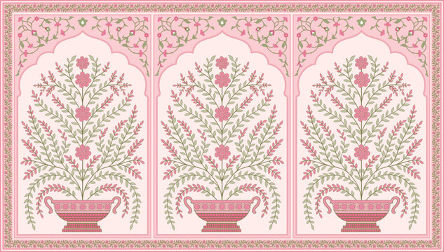 Traditional Mughal floral panel pattern with potted flower motifs for textile design. Mughal flower vase wallpaper with pink botanical border.