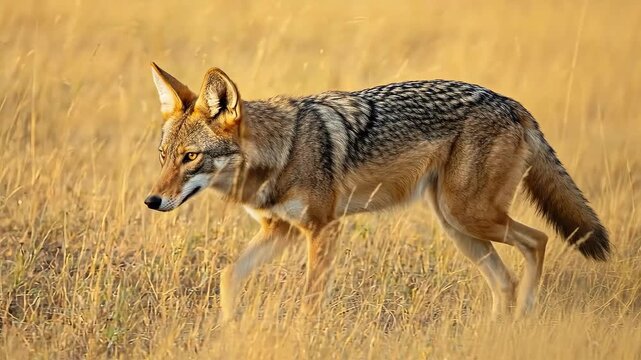 A coyote walks through a dry, golden grassy field at sunset.