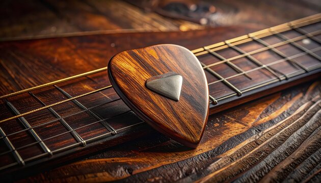 Guitar pick on a fretboard closeup.