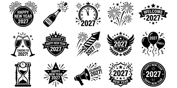 Black and White New Year 2027 Celebration Icons.