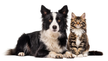 Fototapeta premium Border Collie dog and Maine Coon cat sitting together