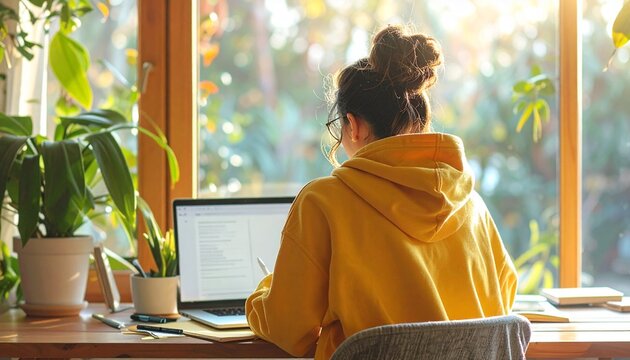 Back View Young Person Studying Online at Home Desk by Window Laptop Notebook E-Learning