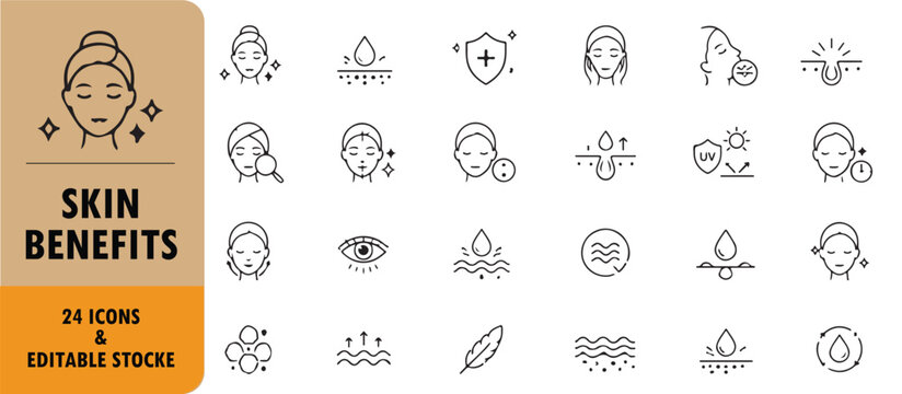 A set of 24 skin benefits line icons