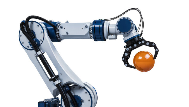 Industrial robotic arm holding orange sphere with gripper