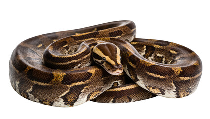 Fototapeta premium Ball python coiled with brown and yellow patterned scales