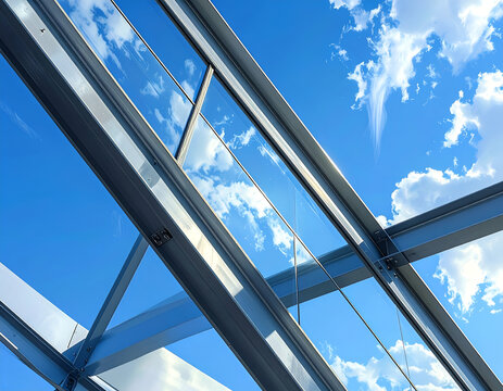 Steel structure against a bright blue sky with fluffy white clouds.