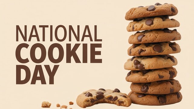 Tall stack of chocolate chip cookies with a broken cookie and "National Cookie Day" text on a light background