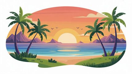 Obraz premium Tropical beach sunset with palm trees and ocean view vibrant illustration for vacation and travel themes serene coastal landscape