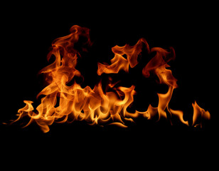 Fototapeta premium A vibrant and dynamic image showcases intense flames against a stark black background, creating a captivating display of heat and energy.