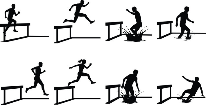 Athletic runners silhouettes jumping over hurdles and splashing water during a steeplechase track race event