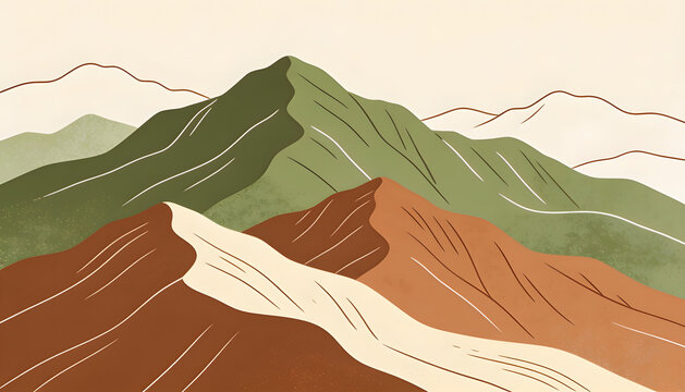 Minimalist layered mountain landscape illustration with earthy tones, terracotta hills and green mountains