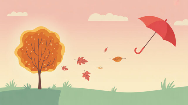 Autumn scene with a tree losing leaves and a red umbrella blown by the wind representing fall weather and seasonal change flat vector illustration