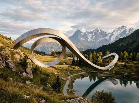 Modern infinity loop architecture integrated into a natural mountain environment.