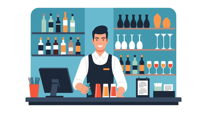Smiling bartender preparing drinks behind a bar counter filled with bottles, glasses, and a computer.