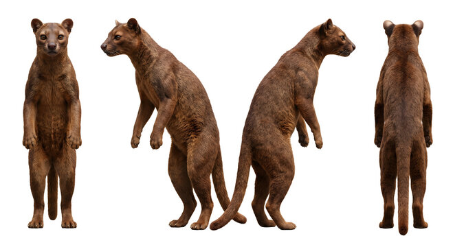 Fossa exhibits its agile and muscular form in a detailed multi-view composition showcasing the apex predator of Madagascar.