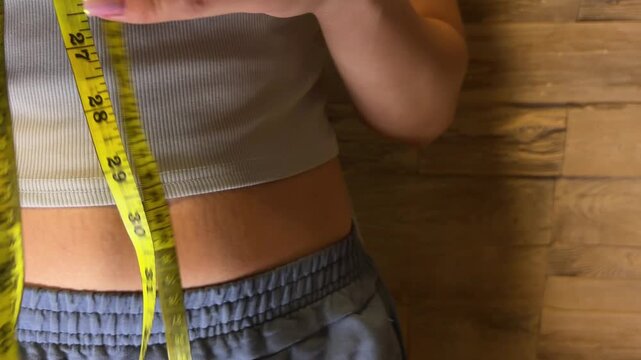 Slim woman measuring waist circumference with yellow measuring tape for weight loss and diet control, showcasing body positivity with visible stretch marks on her belly